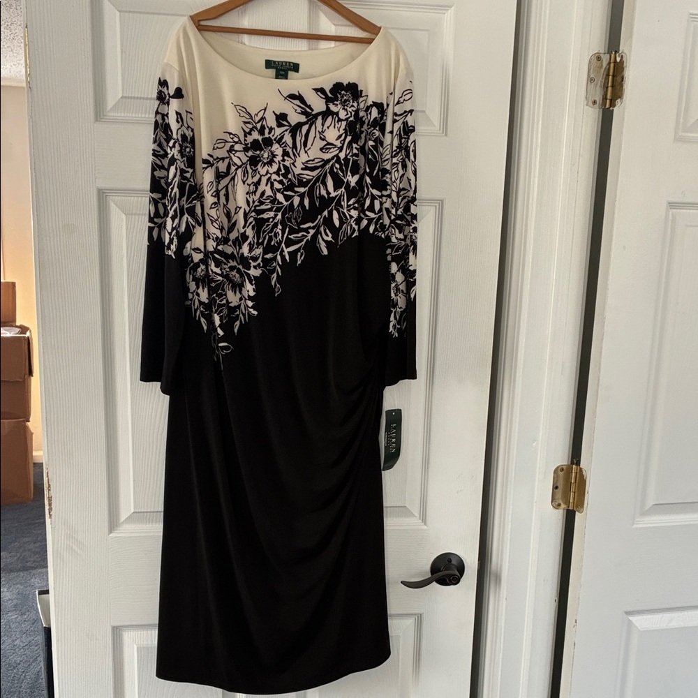Lauren Ralph Lauren Black & Cream Floral Dress Size 22W Lined
